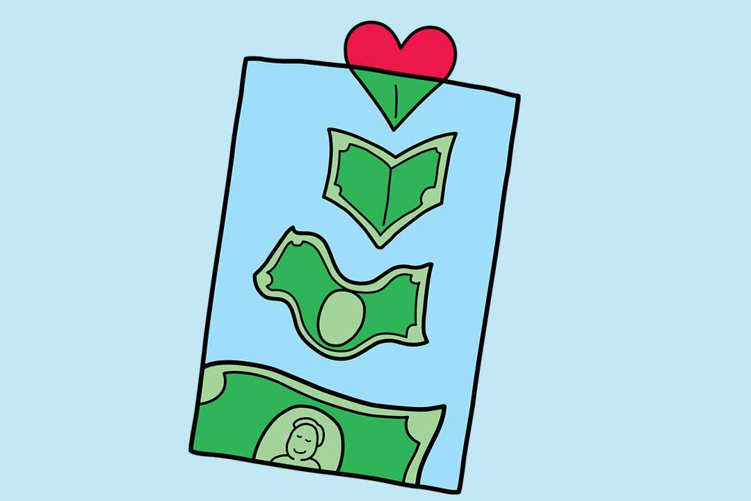 Money going into a bag with a heart turning into dollar bill