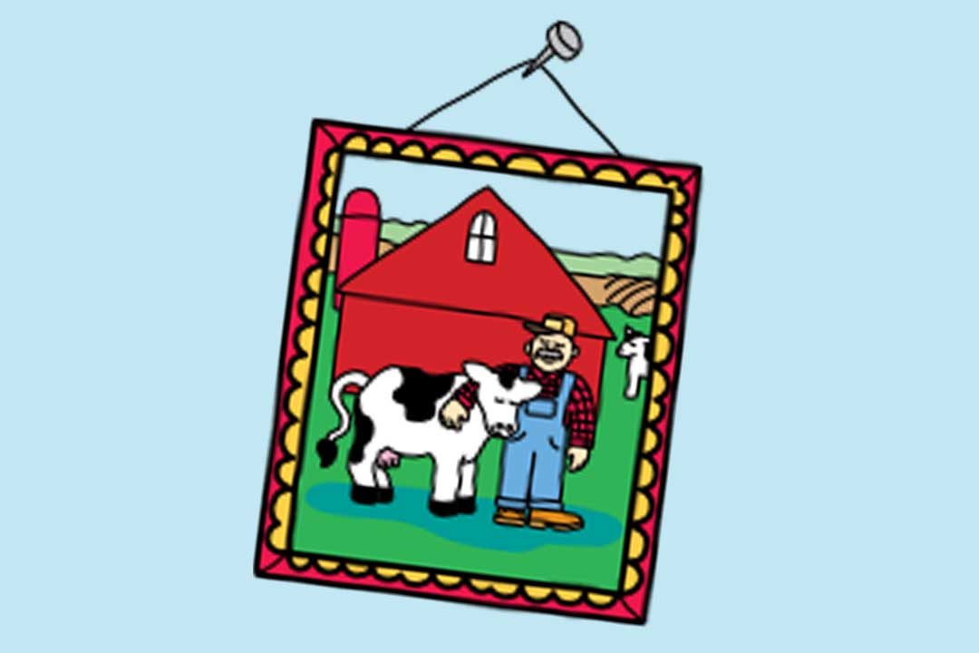 A picture of a farmer hugging his cow