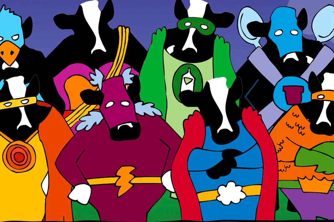 Cows dressed in super hero costumes